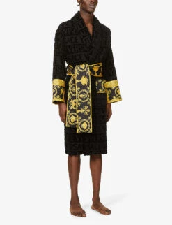 Versace Logo And Baroque-print Cotton-terry Dressing Gown -Baker Klein Shop R03697682 BLACK ALT01