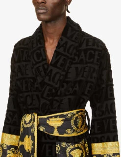 Versace Logo And Baroque-print Cotton-terry Dressing Gown -Baker Klein Shop R03697682 BLACK ALT03
