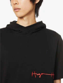 Hugo Logo-embroidered Cotton-jersey Hoody -Baker Klein Shop R03788584 BLACK ALT04