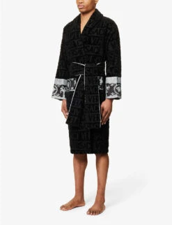 Versace Logo And Baroque-print Cotton-towelling Robe -Baker Klein Shop R04096193 BLACKGREY ALT02