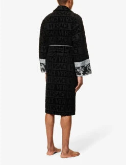Versace Logo And Baroque-print Cotton-towelling Robe -Baker Klein Shop R04096193 BLACKGREY ALT03