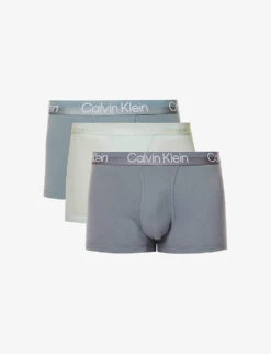 Calvin Klein Branded-waistband Mid-rise Pack Of Three Stretch-cotton And Recycled-polyester Trunks
