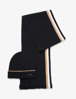Boss Striped-pattern Frayed-trim Wool And Cashmere-blend Scarf