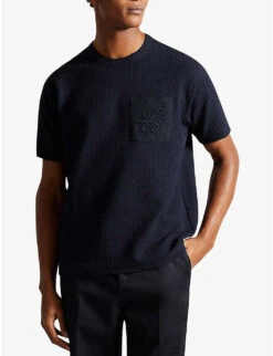 Ted Baker Bossa Logo-embroidered Textured Stretch-cotton T-shirt -Baker Klein Shop R04133320 NAVY ALT02