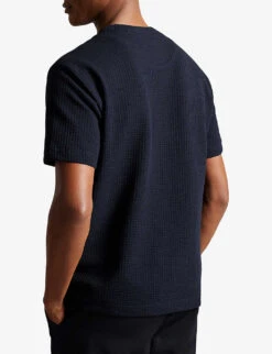 Ted Baker Bossa Logo-embroidered Textured Stretch-cotton T-shirt -Baker Klein Shop R04133320 NAVY ALT03