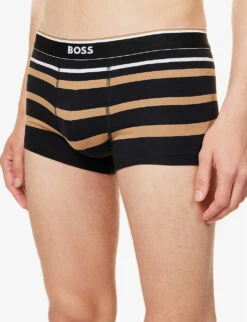Boss Logo-waistband Stripe Regular-fit Stretch-cotton Trunks -Baker Klein Shop R04142409 BLACK ALT03
