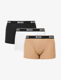 Boss Pack Of Three Logo-embroidered Stretch-cotton Trunks