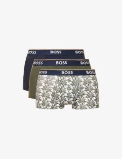 Boss Pack Of Three Branded Striped-waistband Regular-fit Stretch-cotton Trunks