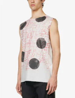 Raf Simons Abstract-print Raw-hem Sleeveless Cotton T-shirt -Baker Klein Shop R04163723 PEARL ALT02